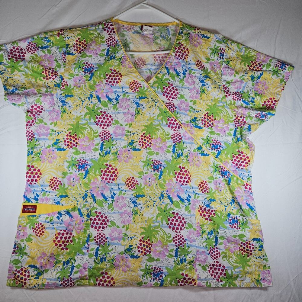 Dickies Scrub Top 2XL Tropical Pineapple Floral Print Uniform Top